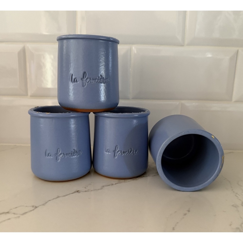 Lot of 4 La Fermiere Glazed Purple Terra Cotta French Yogurt Pots Periwinkle